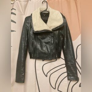 BCBGMaxAzria Green Leather Jacket with Wool Collar